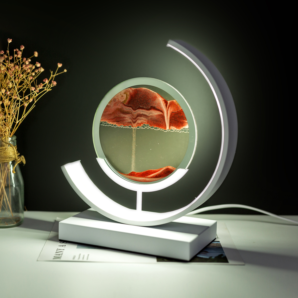 動く砂のテーブルランプ,3D砂時計,ベッドサイドランプ,流れる砂の絵,装飾ギフト用のLEDナイトライト