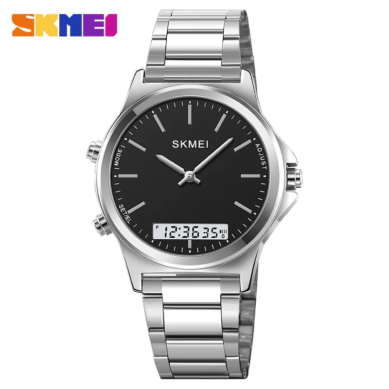 Reloj SKMEI 2120 de cuarzo Digital para Hombre, resistente al agua, deportivo, con pantalla Dual, relojes de pulsera de acero inoxidable para Hombre, Reloj despertador para Hombre