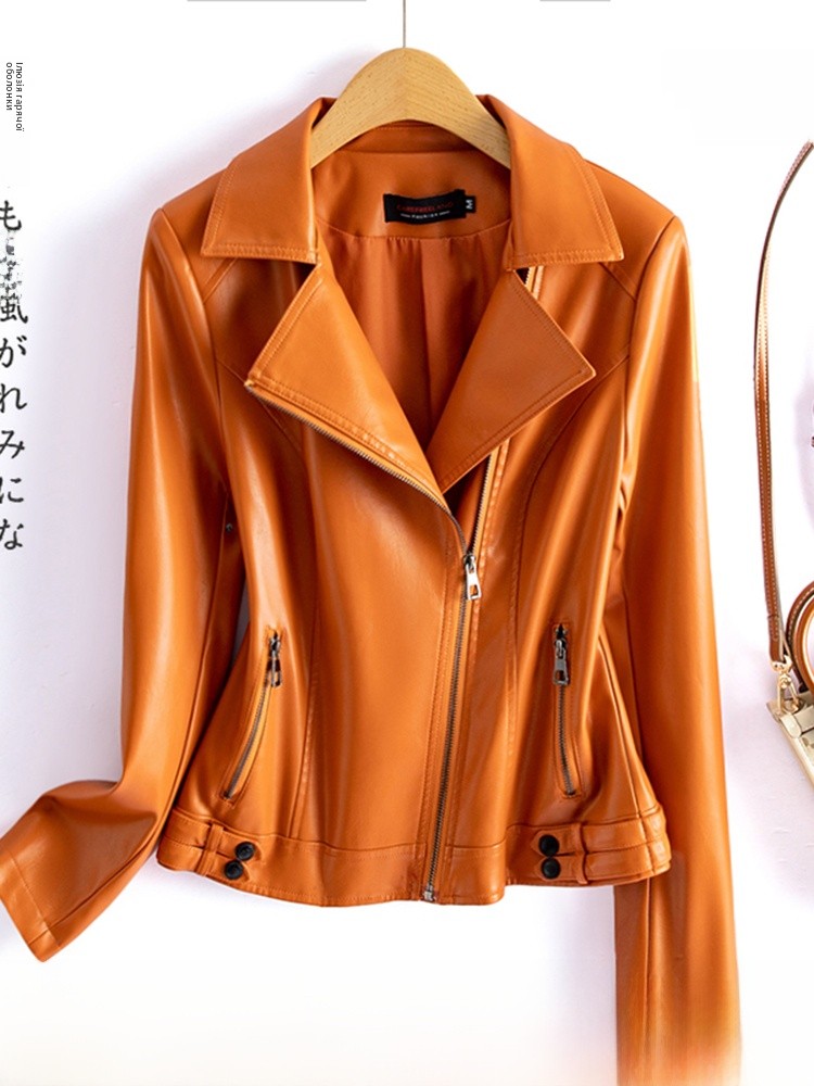 Spring 2025 Women's ort Genuine Leather Jaet Slim Fit Suit Collar Zipper Closure Commute Sle eepskin Coat