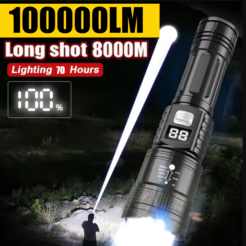 Wiederaufladbare LED-Taschenlampe 100000LM Wasserdicht für Outdoor-Camping Angellaterne Superhelle Reichweitenstarke Taktische Fackel