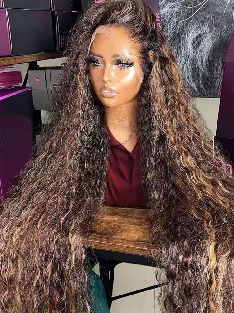 Peruca Frontal HD de Renda 13x6 com Destaques Ondulados Profundos, Cabelo Humano Cacheado Loiro Mel 40 42 Polegadas, Perucas Frontais de Renda 13x4 Pré-Alongadas para Mulheres