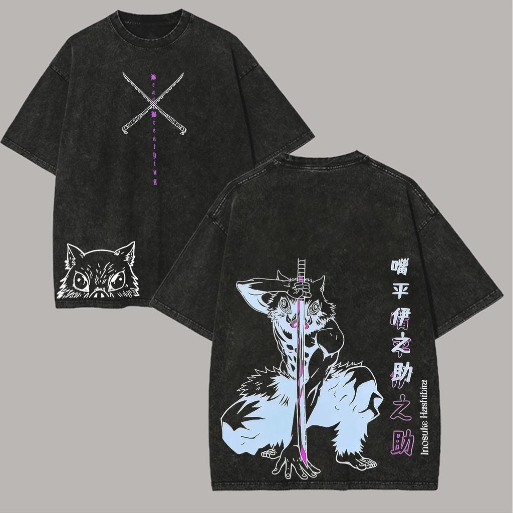 Camiseta Gráfica Inosuke Demon Slayer, Manga Japonesa, Camiseta de Algodão Lavado para Homens e Mulheres, Casual, Oversized, Manga Curta