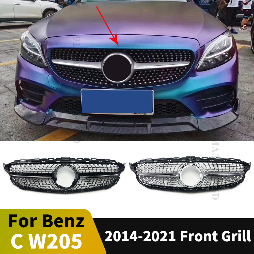 Grade de para-choque dianteiro, para mercedes w205 benz c s205 c205 2014-2021 c180 c300 c250 c200 c260, kit de corpo estilo diamante modificado