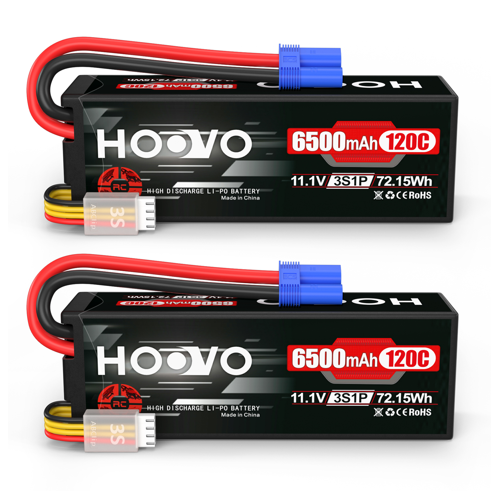 2PCS HOOVO 3S Lipo Battery 11.1V 6500mAh 120C RC Lipo Batteries Hard Case EC5 Plug Compatible with 1/8 1/10 Scale Vehicles Car