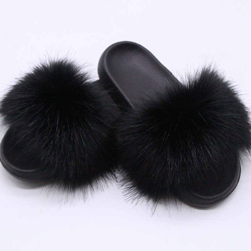 Women's  Faux Fox Fur Slides Fluffy Open Toe Slippers Indoor Outdoor Casual Flat Sandals Luxury Furry Slide Shoes for Ladies