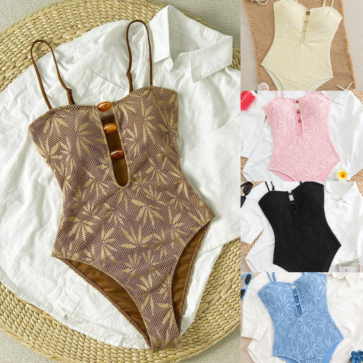 Strój kąpielowy damski jednoczęściowy w stylu boho na lato 2026, z ramiączkami, odkrytymi plecami, monokini, strój na wakacje, specjalna tkanina.