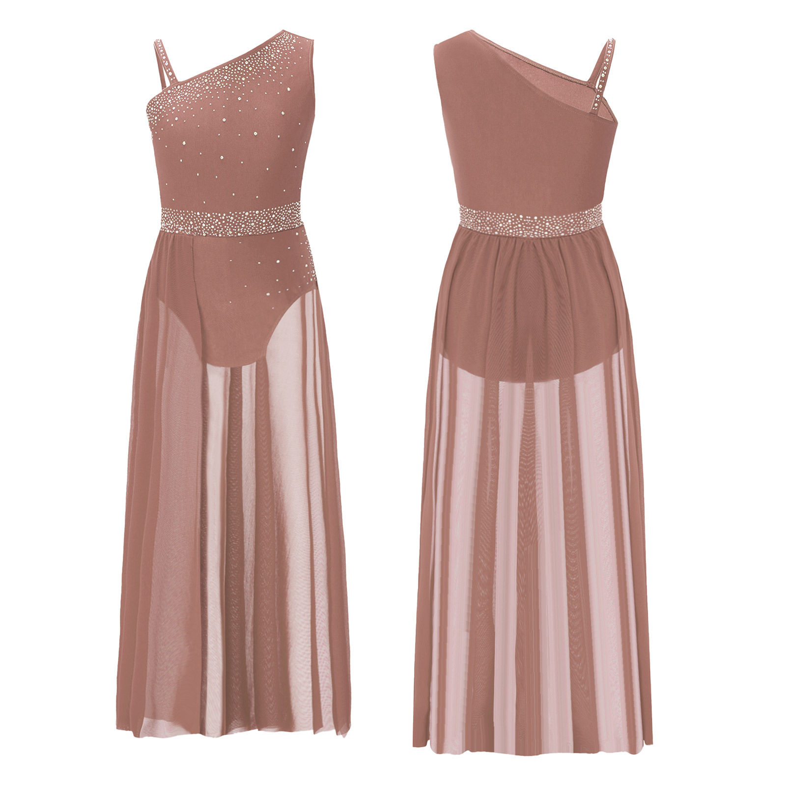 Robe de danse lyrique moderne pour filles, costume de performance de ballet et de gymnastique, justaucorps en maille transparente à fente latérale avec strass, vêtements de danse