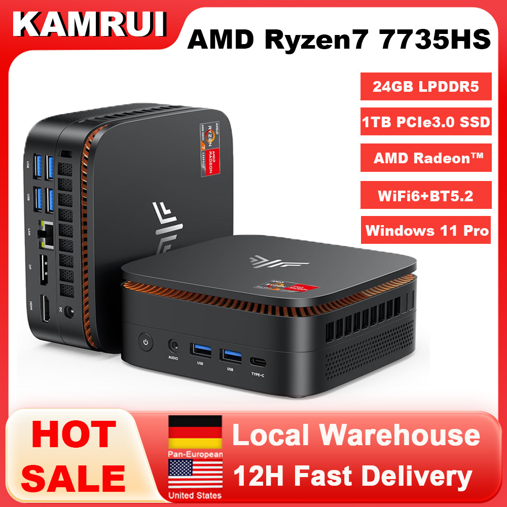 KAMRUI Mini PC AMD R7 7735HS 24GB LPDDR5 5500MT/s 1TB PCIe3.0 SSD Max 4.75GHz Win11pro WiFi6 BT5.2 4k Desktop Computer Gaming PC