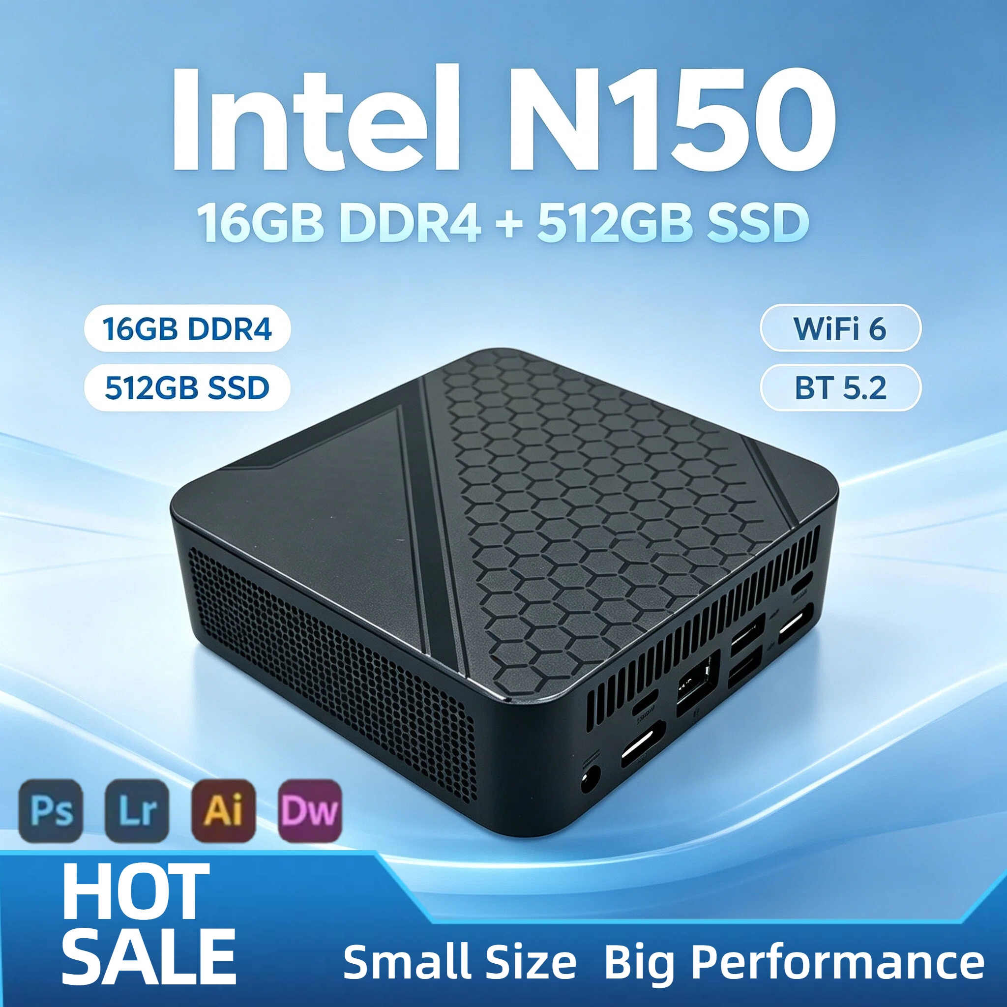 2026 Intel N150 Portable Mini PC 4C4T 3.6GHz 16GB DDR4 M.2 NVMe SSD 512GB Triple 4K WiFi6 BT5.2 Silent Cooling Office Home Pro