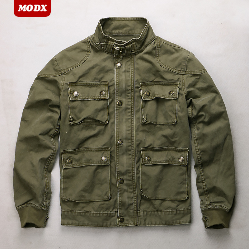 Retro wiosenna męska kurtka Camo na co dzień modny stójka luźny bawełniany płaszcz z wieloma kieszeniami odporne na zużycie ubrania taktyczne