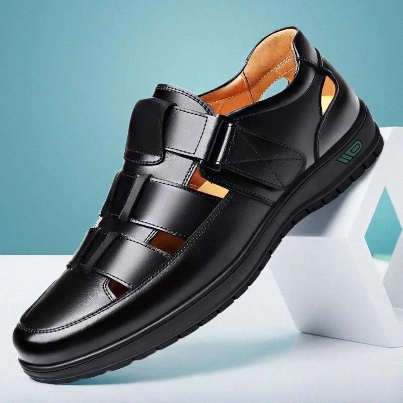 Męskie skórzane buty Business Casual Dress Pojedyncze buty Miękka podeszwa Antypoślizgowe letnie męskie sandały Buty Old Dad Czarne