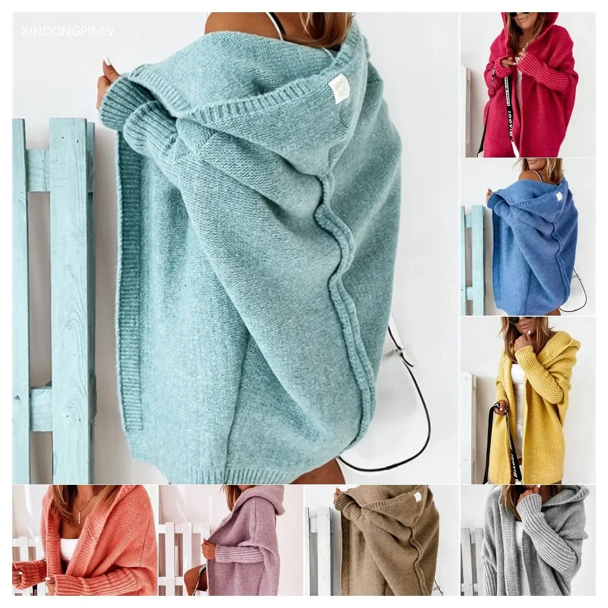 Cardigan con cappuccio maglione donna autunno moda a forma di pipistrello morbido allentato cuciture posteriori abbigliamento lavorato a maglia
