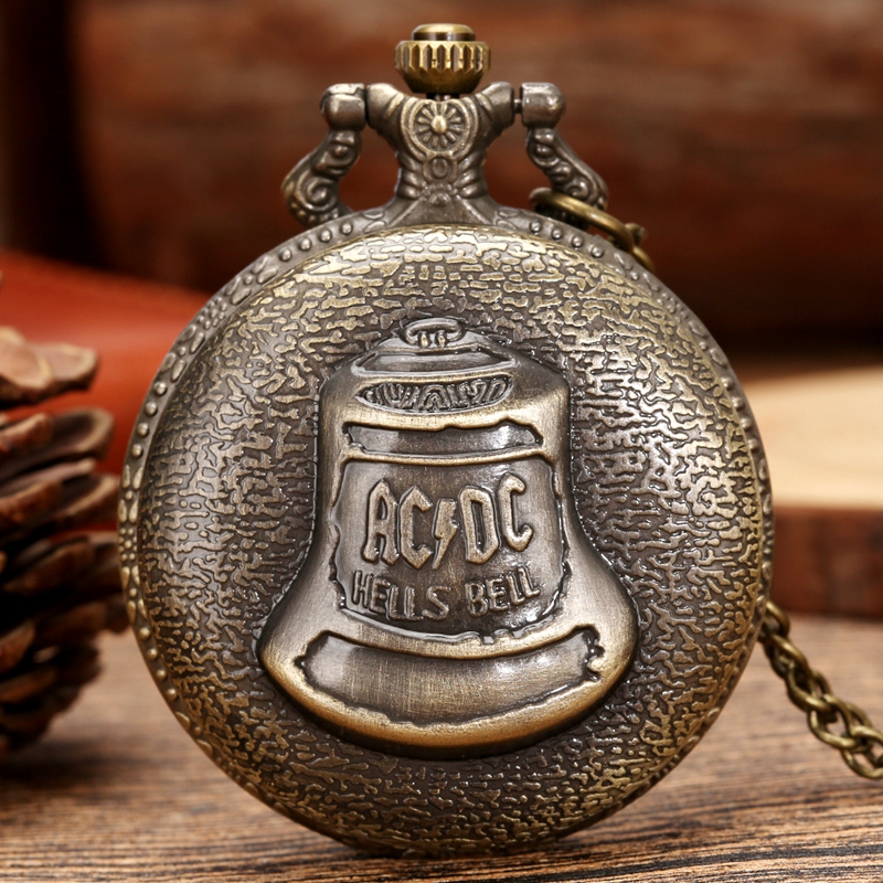 Relógio de bolso de bronze vintage acdc hells bell tema relógio de bolso de quartzo colar pingente para homens crianças presentes masculino relogio