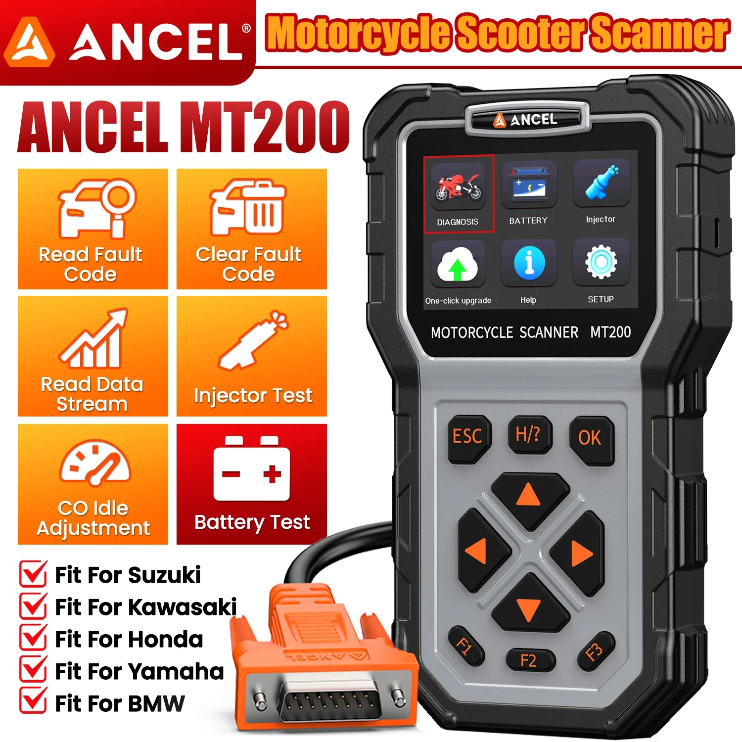 Escáner OBD2 para motocicletas ANCEL MT200, lector de códigos, herramienta de diagnóstico de motor y ABS, prueba de batería para Yamaha/Honda/Suzuki.