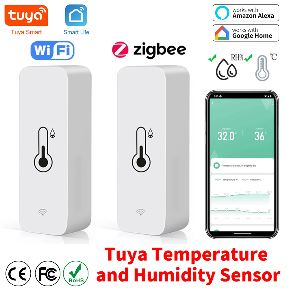 Tuya Zigbee WiFi Smart Temperature And Humidity Sensor Battery Powered ZigBee Smart Home Security Work With Alexa Google Home