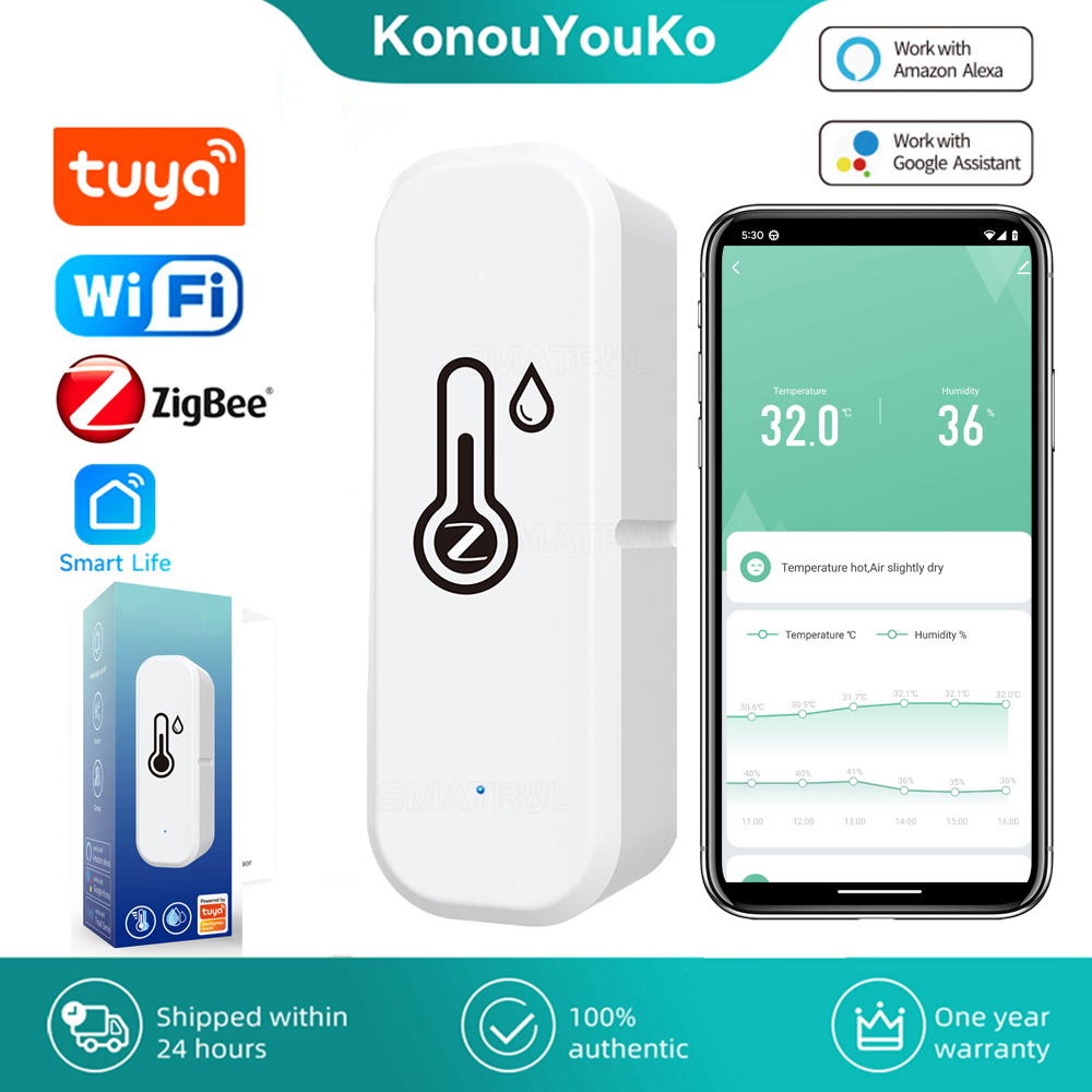 Датчик температуры и влажности Tuya ZigBee, Wi-Fi Смарт-гигрометр для дома, работает с Alexa Google