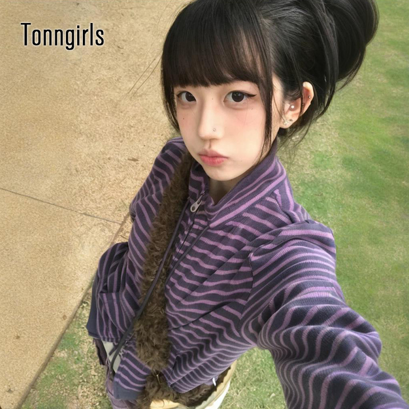 Tonngirls-sudaderas japonesas Y2k para mujer, sudadera de manga larga a rayas con cuello levantado, abrigos de invierno con gráfico de calle alta, E-girls