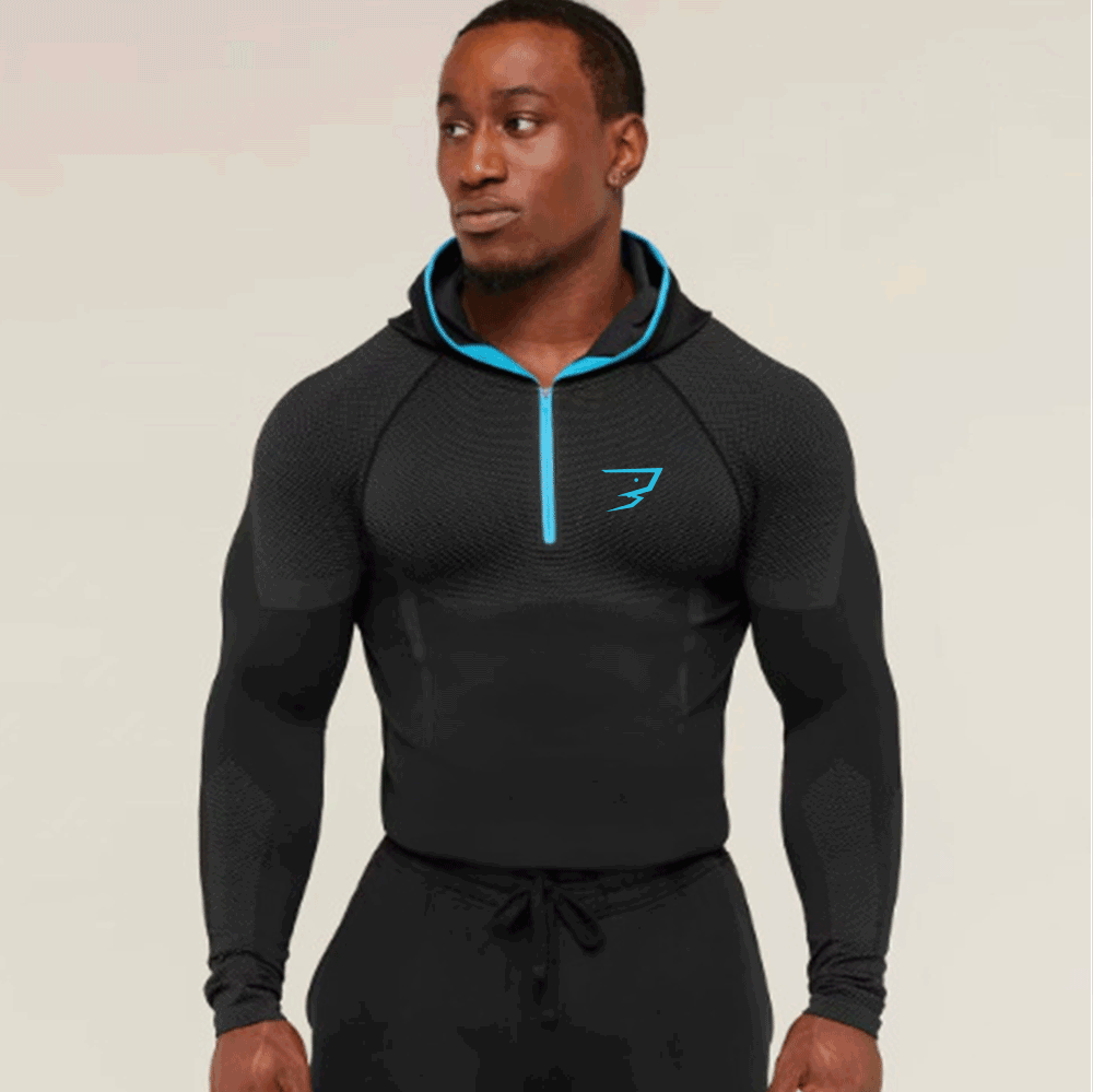 Herensporttrui met lange mouwen, halfrits, sneldrogend, compressie, ademend, geschikt voor fitness, workout, hardlopen