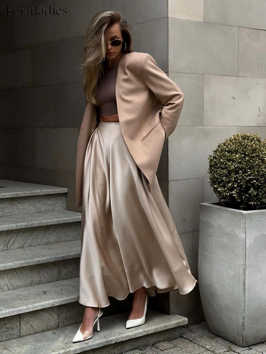 Bornladies elegancka satynowa luźna spódnica damska 2025 wysokiej talii spódnice Maxi Streetwear klasyczna długa spódnica moda damska czarna spódnica