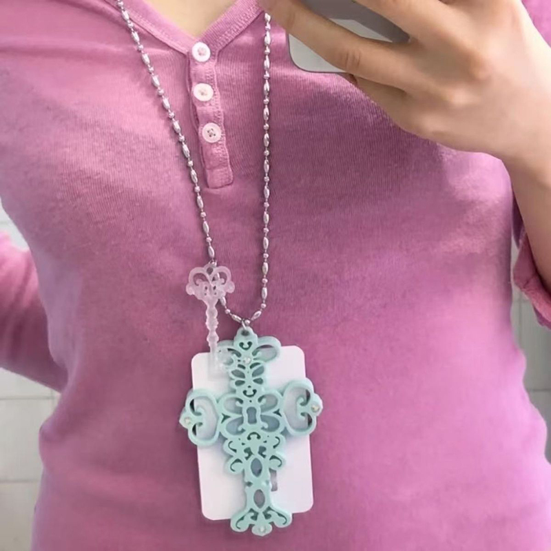 Y2k Hollow Cross Card Holder Ketting Mintgroen Kralen Lanyard Nekband Gothic Harajuku Trendy Accessoire Meisjes Dagelijks bijpassend