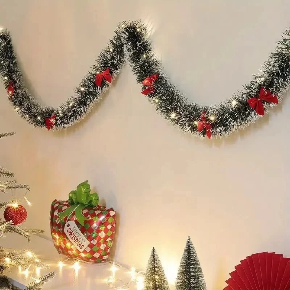 Guirnalda de oropel navideño, guirnalda navideña Artificial con luces LED, guirnalda colgante giratoria metálica para Navidad, chimenea de 2m