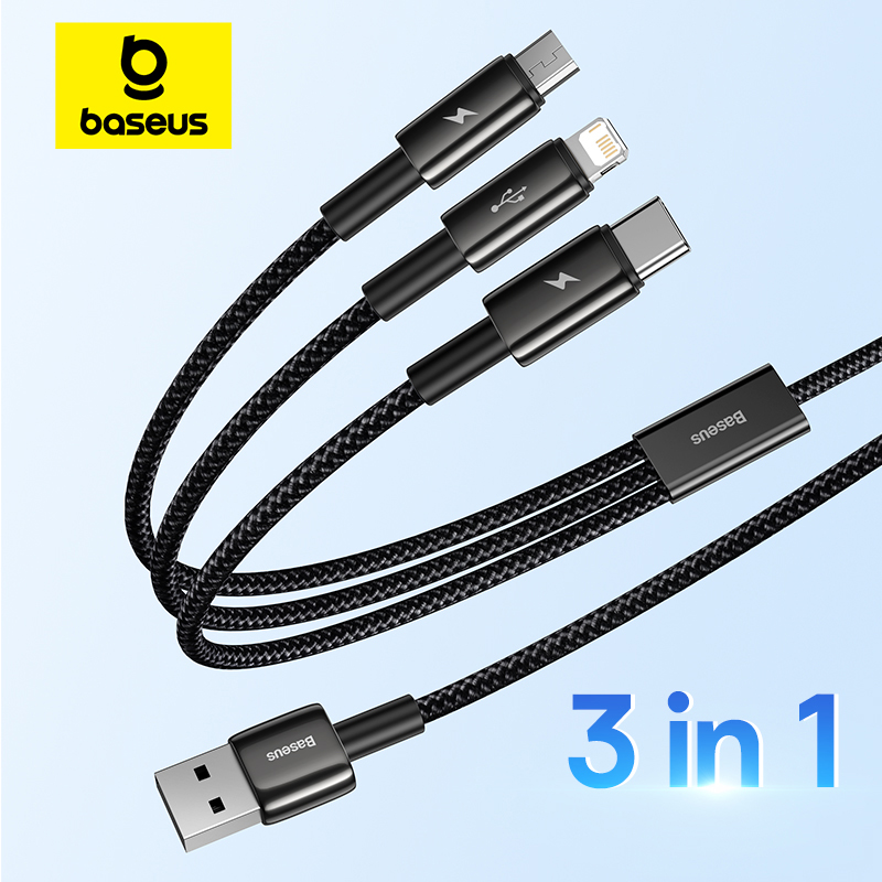 USB-кабель Baseus 3 в 1 для iPhone 14 Pro Max, Micro USB и Type-C, для Xiaomi Redmi Note 9, Samsung S23, кабель для быстрой зарядки
