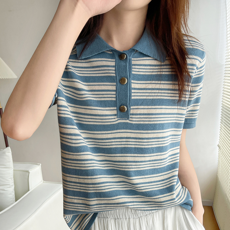 Camiseta 100% de algodón para mujer, suéter de manga corta de punto a rayas con cuello vuelto, blusa holgada, camisetas con botones