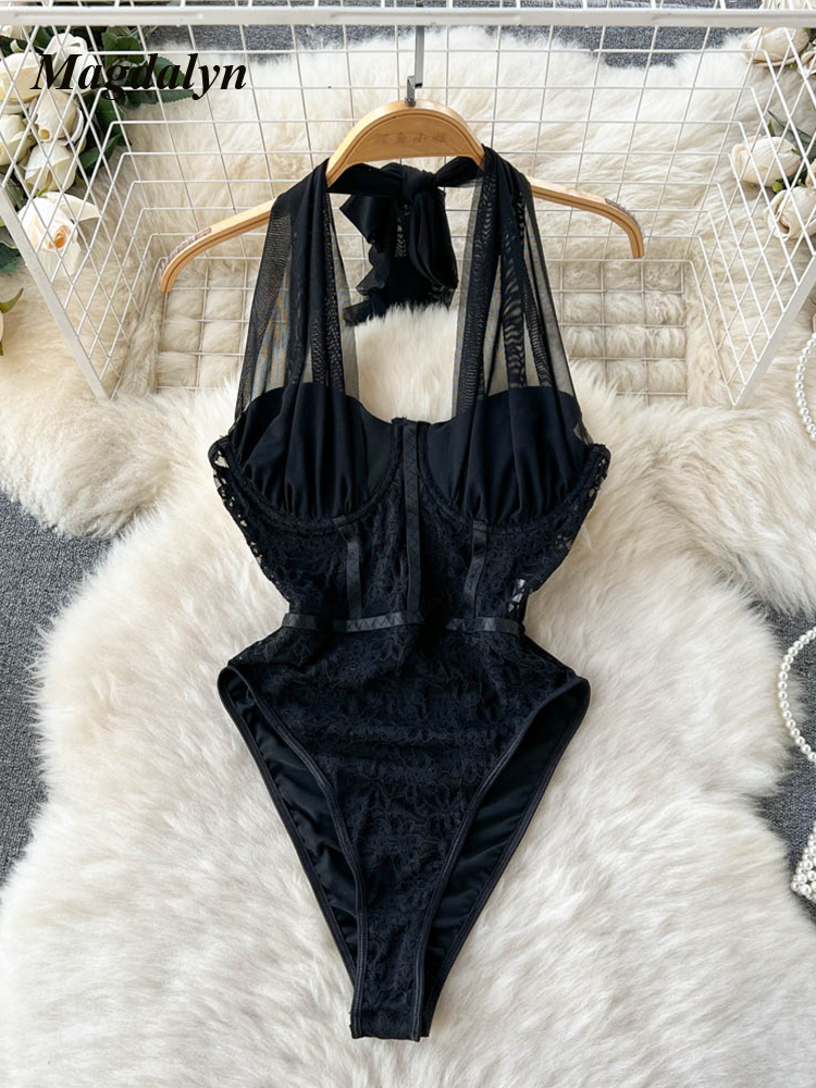 Magdalyn Donna Sexy One Piece Mesh Pagliaccetti Tulle Skinny Fashion Streetwear INS Slim Catsuit Hollow Combinazione floreale Tute
