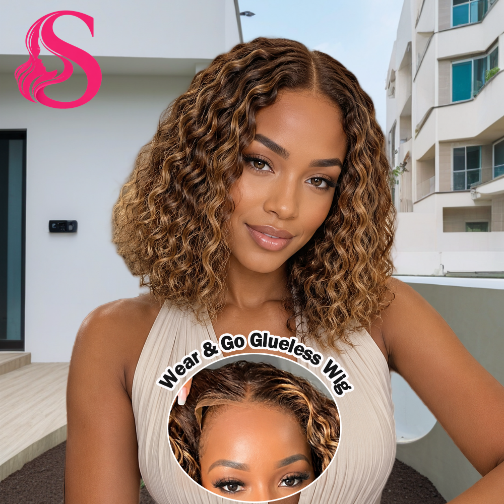 Peruka Smilegirl 5X5 HD Lace Closure 4/27 Highlight Kręcone, głęboko falowane peruki bob z ludzkich włosów, gęstość 250%, bezklejowe krótkie peruki bob, peruka z dziewiczych włosów dla kobiet