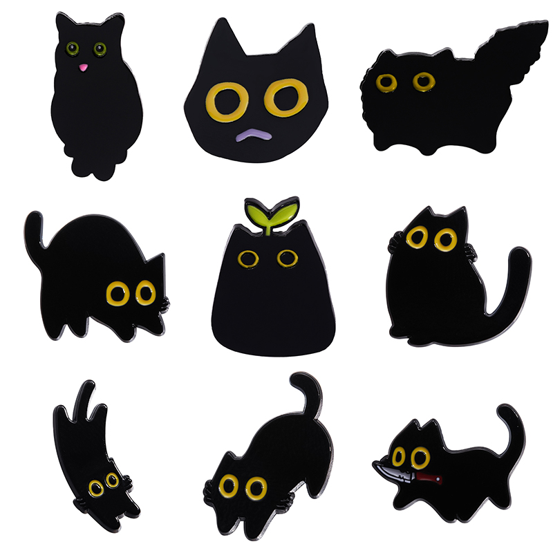 Broches esmaltados de gato negro brotes, broches de animales lindos personalizados, insignia de Collar de dibujos animados, regalo de joyería para niños