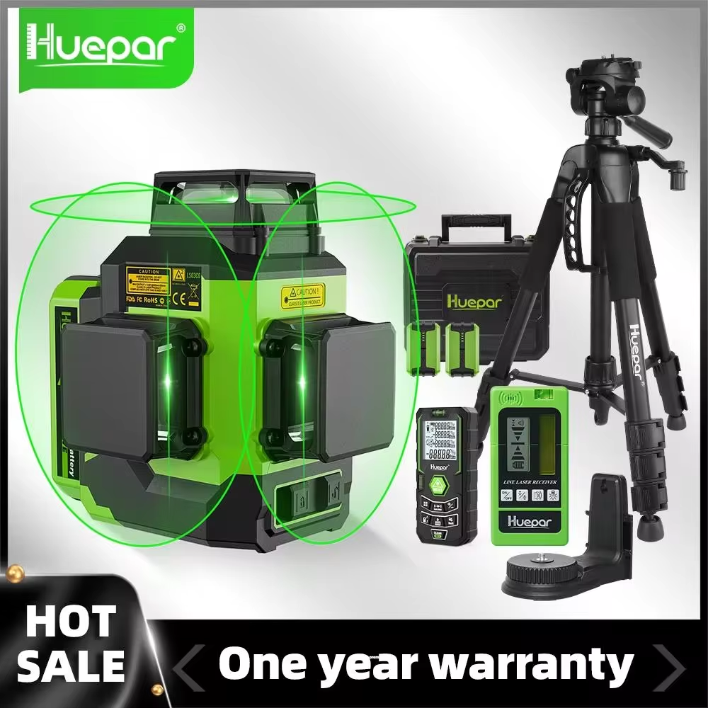 Huepar-Niveau laser 3D vert 12 lignes 3x360 °, ligne croisée Osram horizontale et verticale avec étui rigide 2 piles Eddie ion