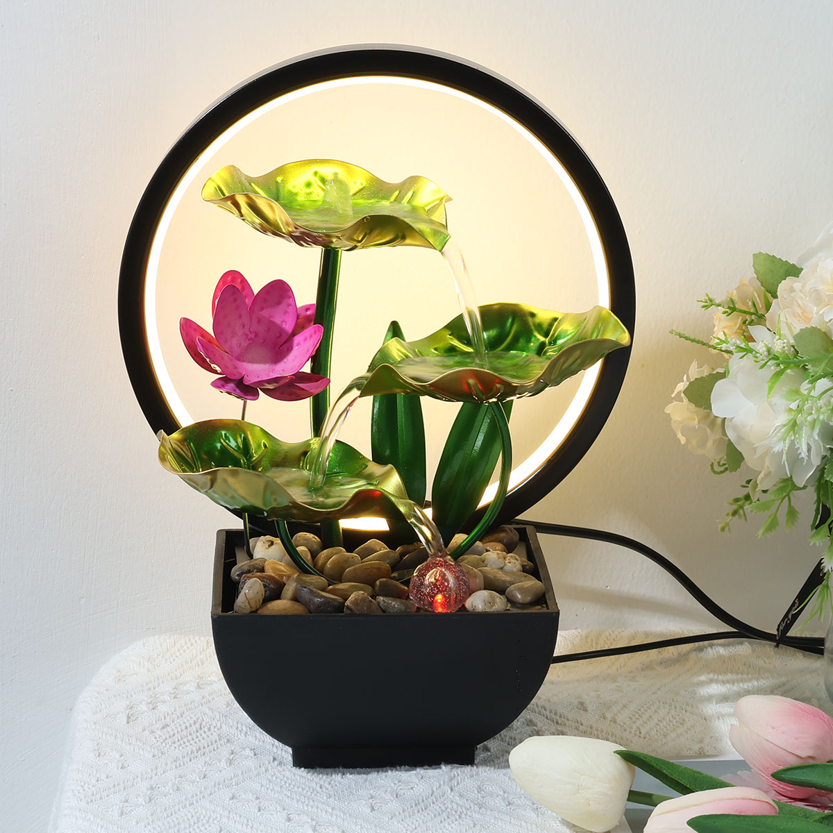 Fontanna stołowa z obiegiem wody LED Ring Lights Decor Flowing Water Ornaments Meditation Lucky Fortune Craft for Home Office