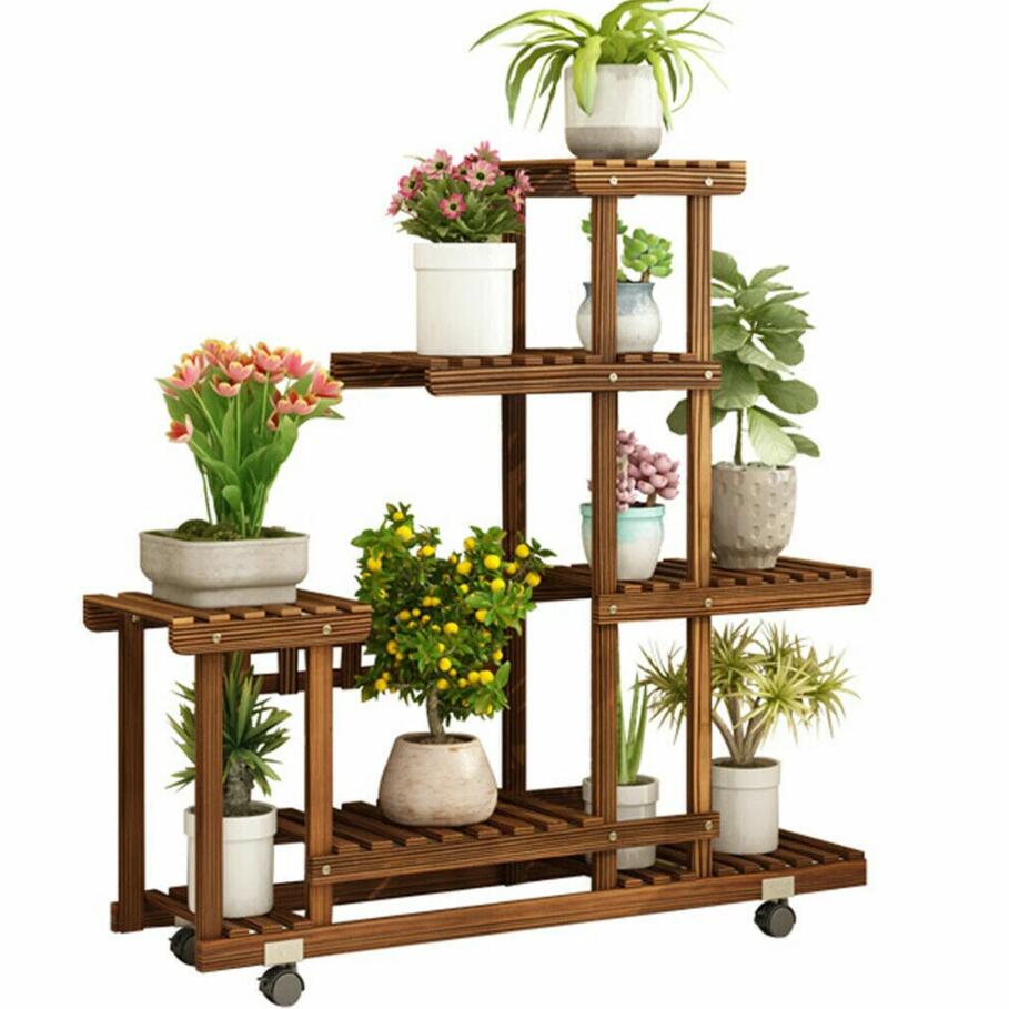 Mehrschichtiger Pflanzenständer aus Holz für den Außenbereich, rollender Blumentopfhalter mit Rädern