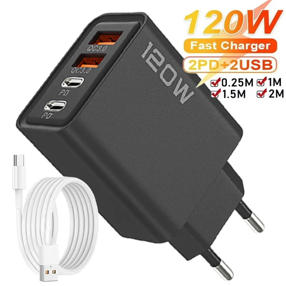 Ładowarka USB z 4 portami, łącznie 120W, szybkie ładowanie, wtyczka EU/US/UK, ładowarka sieciowa, zasilacz do telefonu komórkowego, kabel do ładowania telefonu z obsługą Type-C