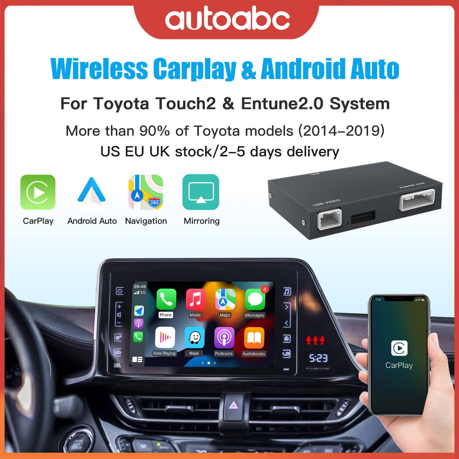 AUTOABC Draadloze Carplay Android Auto voor TOYOTA Touch2 Entune2.0 Highlander Tundra Sienna Prius Yaris Camry CHR Module Airplay Ondersteuning Camera