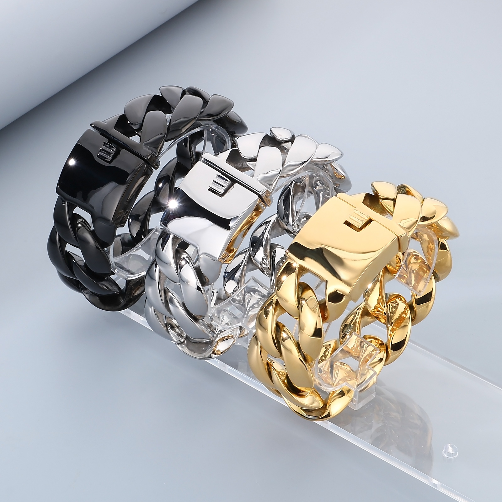 Pulseiras de aço inoxidável banhado a ouro para homens, pulseiras de corrente grossa, jóias brilhantes, acessórios dominadores, presente de festa, moda