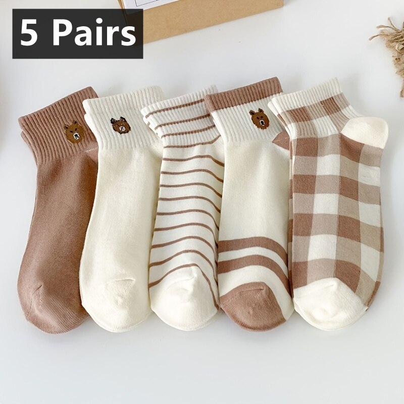 5 paires de chaussettes à la cheville en forme d'ours en peluche, chaussettes courtes confortables et mignonnes, bas et bonneterie pour femmes