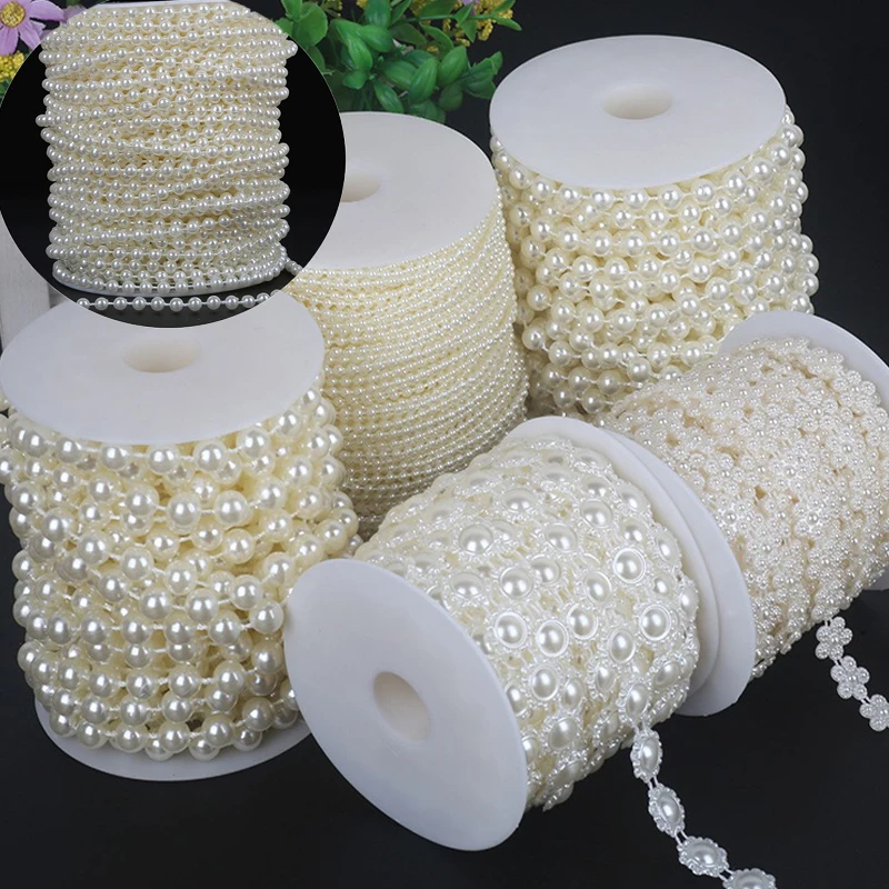 2-5Meter Fishing Line Artificial Pearls Flower Beads Chain Garland Flowers Diy Beige String Bead Wedding Party Decor Accessories