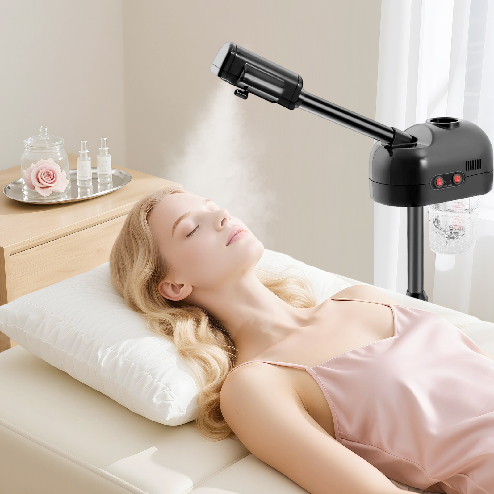 Pulverizador ajustable en altura 360 del vapor facial del ozono 750ml °   Equipo móvil giratorio para el cuidado de la piel para salón de belleza Spa blanco/negro