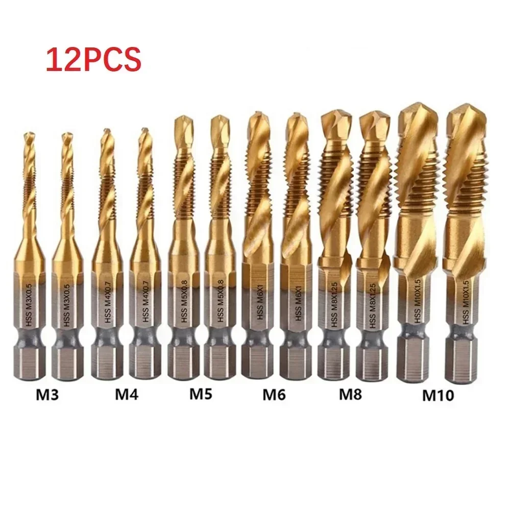 Juego de brocas para grifo, vástago hexagonal chapado en titanio, broca de rosca HSS, máquina de tornillo, grifo compuesto para Metal, acero, madera y plástico, 12 Uds.
