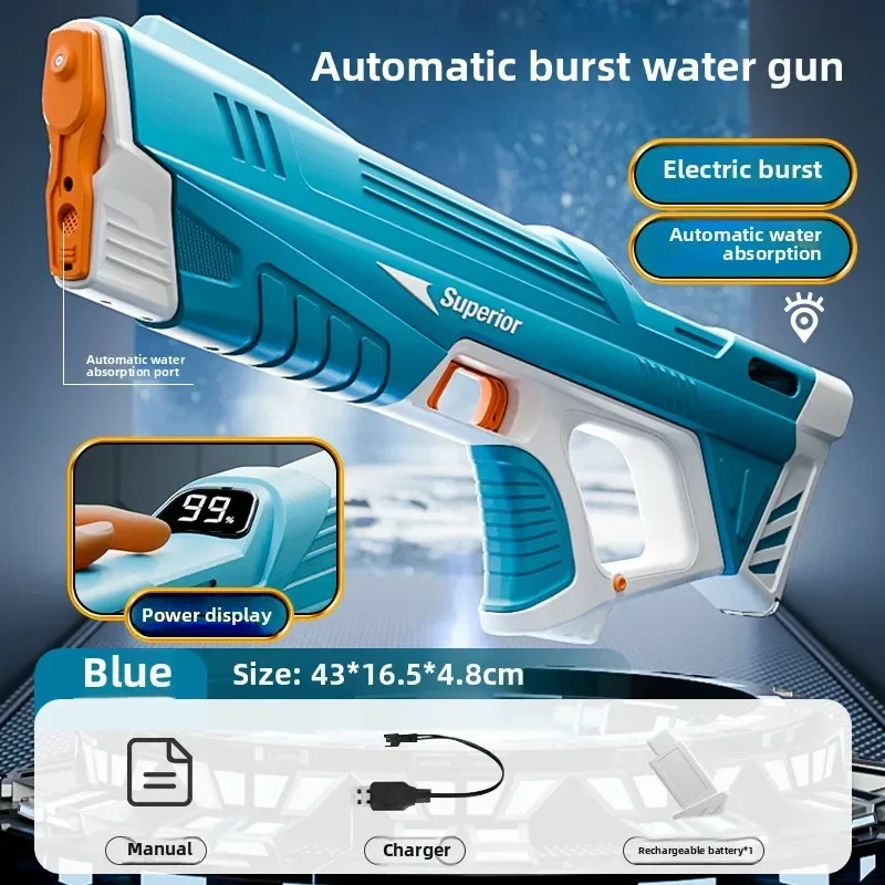 Nowy elektryczny pistolet na wodę dla dzieci Hurtownia automatyczna absorpcja wody Wyświetlacz baterii Duża pojemność Chłopięca zabawka wodnaWaterGun