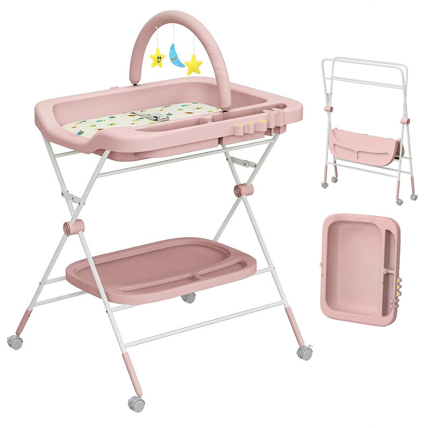 Mesa portátil para troca de fraldas para bebês, estação dobrável para troca de fraldas com rodas, estação de fraldas de altura ajustável com berçário