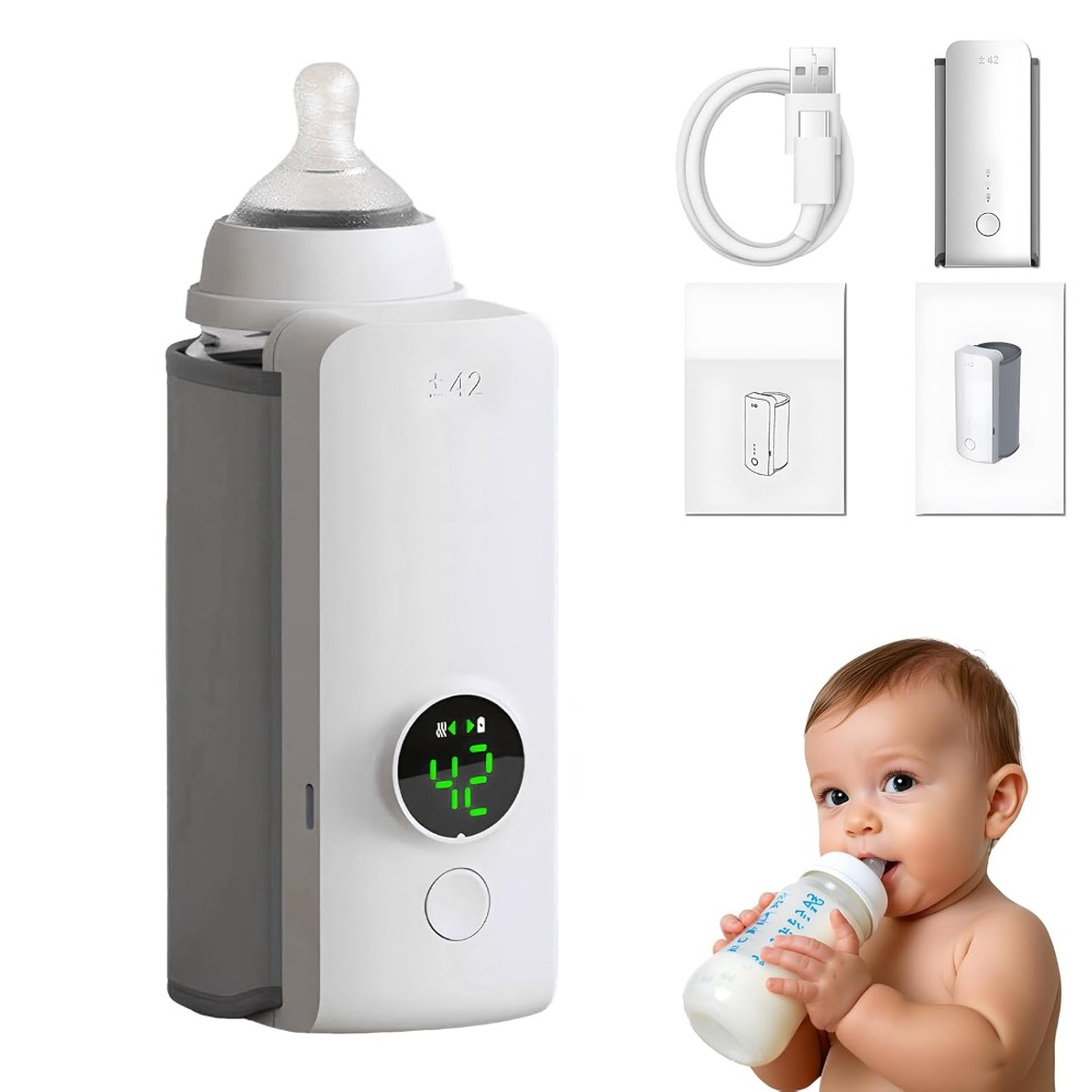 Aquecedor de mamadeira recarregável, 6 níveis de ajuste de temperatura com display de temperatura, manga mais quente, acessórios de alimentação