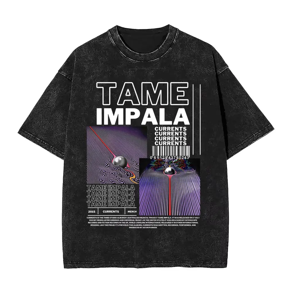 Vintage Washed Pop Rock Band Tame Impala Currents Grafikdruck T-Shirts Männer Frauen Casual Baumwolle Übergroßes Kurzarm-T-Shirt