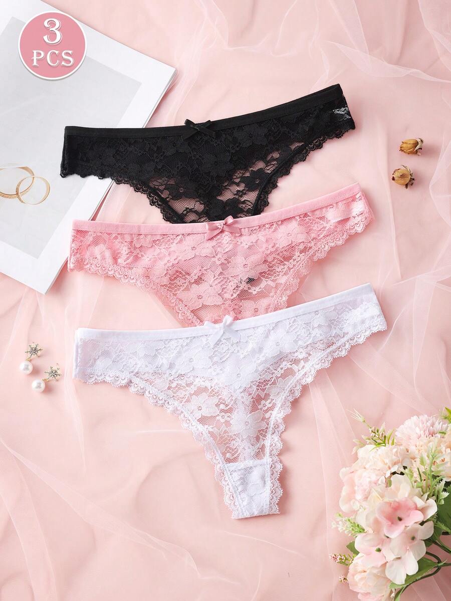 Set di 3 Pezzi Sexy Perizoma in Pizzo Trasparente per Donne, Mutandine Sexy, Slip Floreali Tinta Unita, Taglia XS-XL, Lingerie Femminile