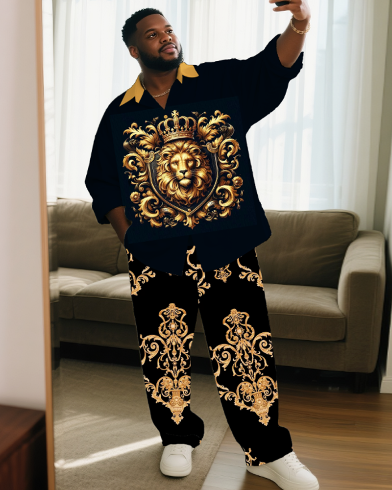 Conjunto de 2 piezas para hombre, tallas S-9XL, con estampado de león y dragón, camisa de manga larga y pantalones largos a juego.