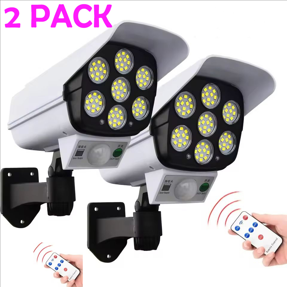 Luces solares con Sensor de movimiento para exteriores, 2000 lúmenes, 77 LED con mando a distancia, cámara de seguridad falsa, monitoreo de lámparas de pared de inducción