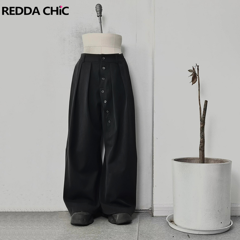 Reddachic calças sociais com botões irregulares, mulheres, homens, preto, cintura elástica, perna larga, plissada, frente, terno, roupas casuais de trabalho