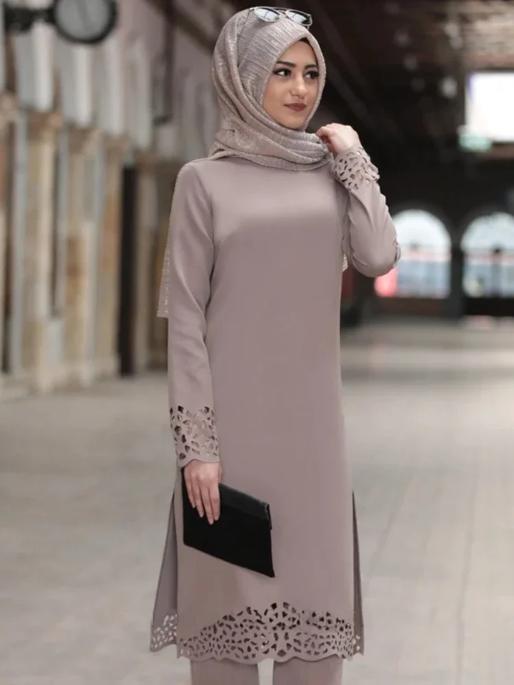 ตุรกีมุสลิมชุดผู้หญิงยาว Hollow Solid เสื้อผ้าอิสลาม Hijab ชุดโมร็อกโก Kaftan Party Vestidos Abaya 2020