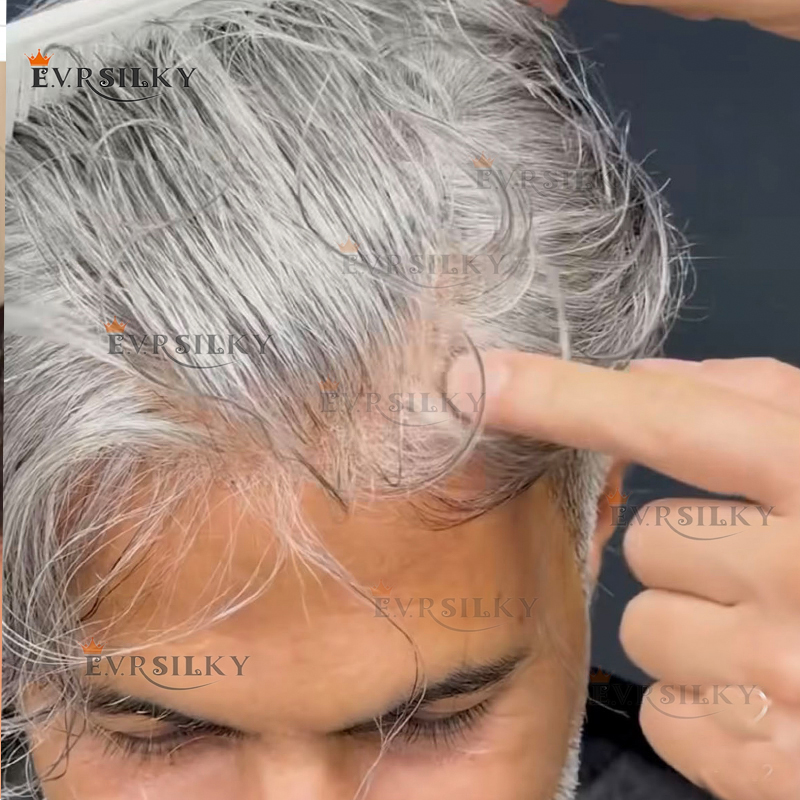 Wig Pria Abu-abu 1B80 1B60 Tidak Terdeteksi Rambut Manusia 100% Tahan Lama Rambut Palsu Pria Tua Garis Rambut Alami Prostesis Kapiler Pria PU Kulit Tipis